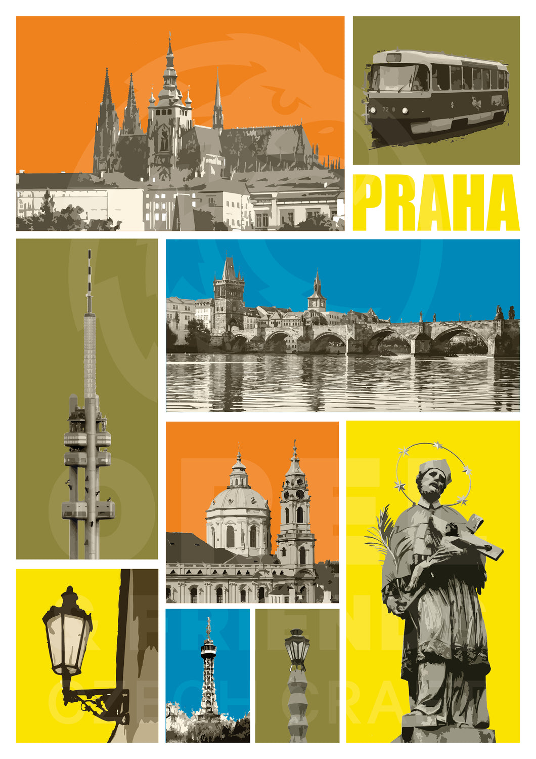 Prague poster orange - 24x34cm