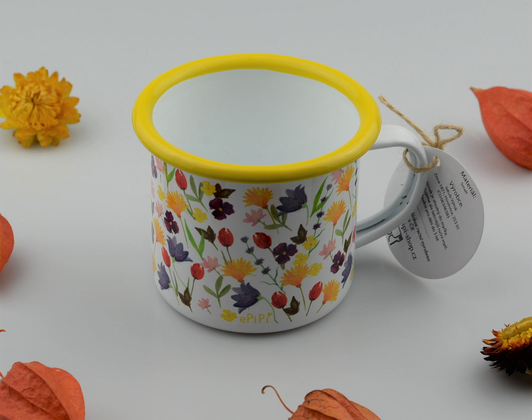 Tin enameled mug - Flowers yellow