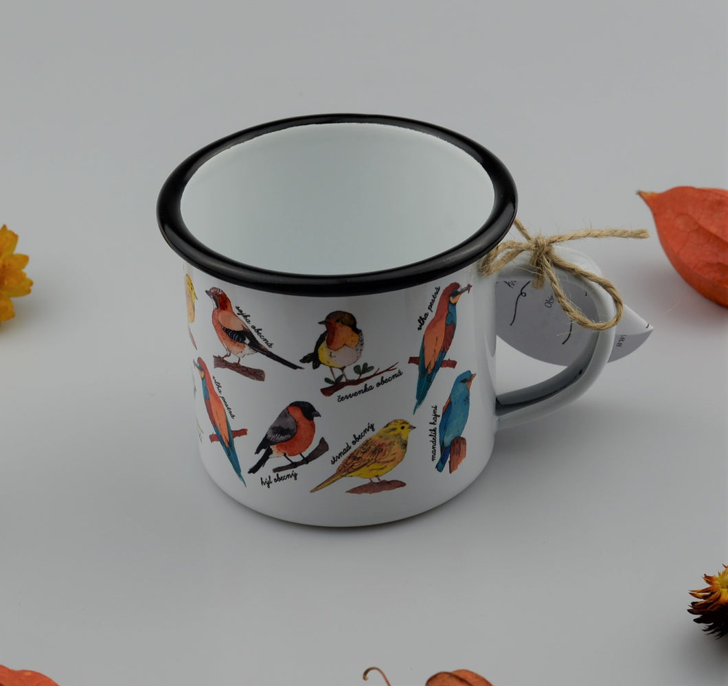 Tin enameled mug - Rural birds