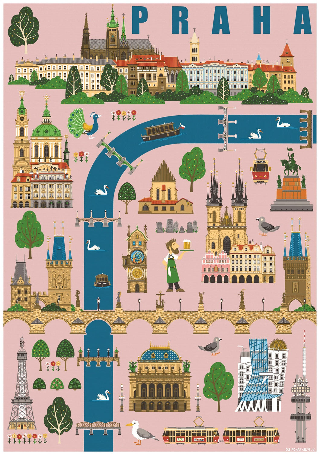 Affiche carte de Prague - 34x48cm